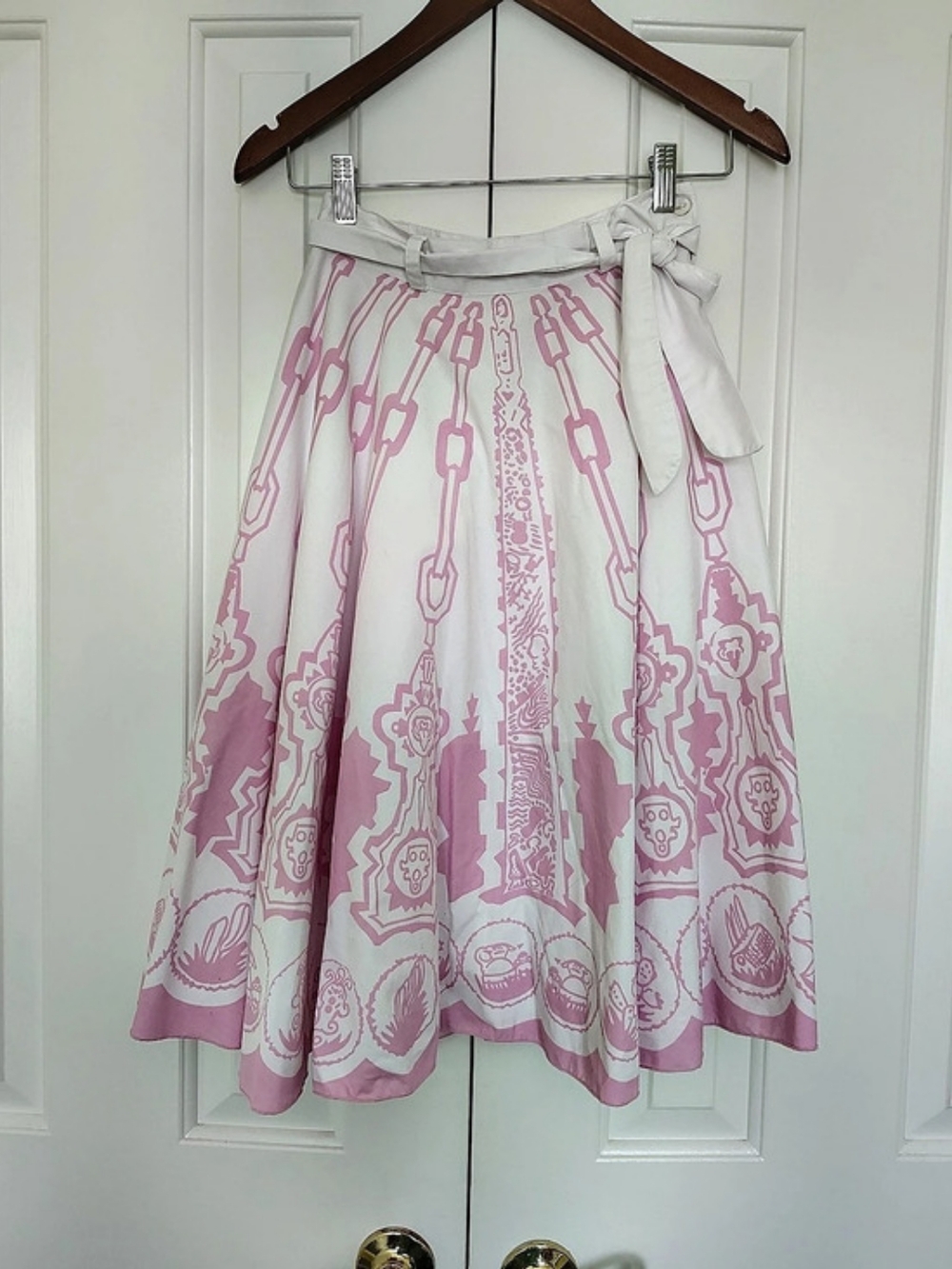 Pink & White Pleated Boho A-Line Skirt | 98% Cotton